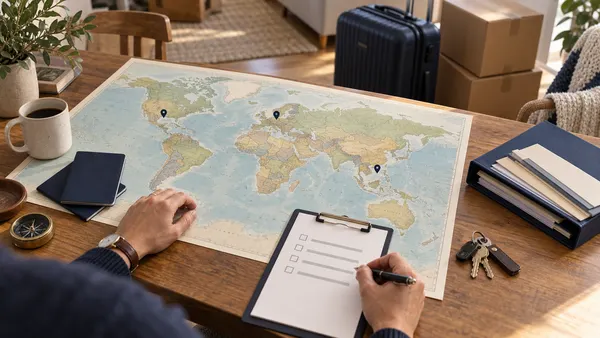 Planning an international relocation with a world map, travel documents, checklist, luggage, and moving boxes.