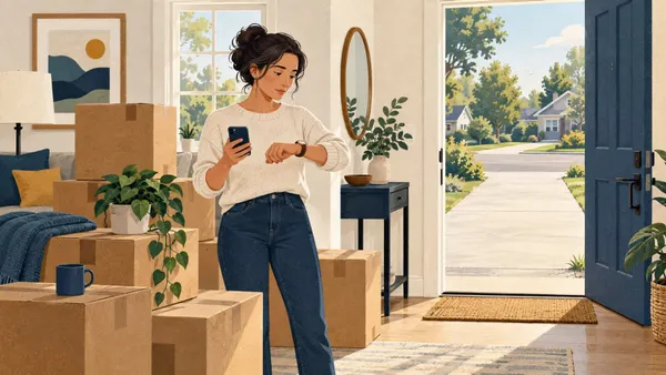 Illustration of a person checking a watch and phone beside packed boxes while waiting for a moving pickup.