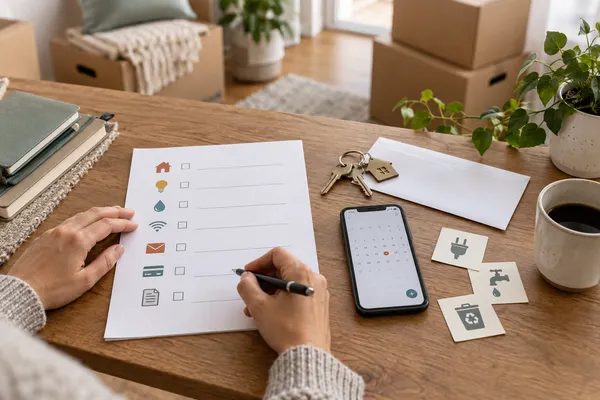 Household organizing a moving address-change checklist with keys, mail, utilities and account tasks.