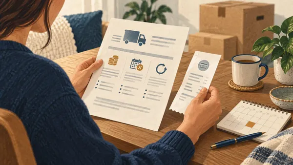 Illustration of a customer reviewing a moving booking document and payment receipt beside a calendar and packed boxes.