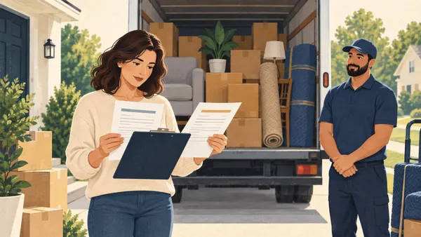 Illustration of a customer comparing moving estimates beside a loaded truck while a mover waits nearby.