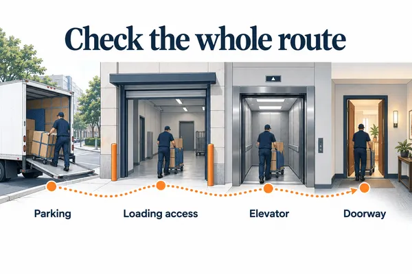 Illustrated moving route from a curbside truck through loading access and a service elevator to an apartment doorway, highlighting four access checkpoints.