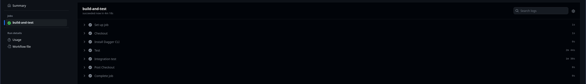 a screenshot of the GitHub website showing that the workflow running the Dagger command run successfully in 4m18s