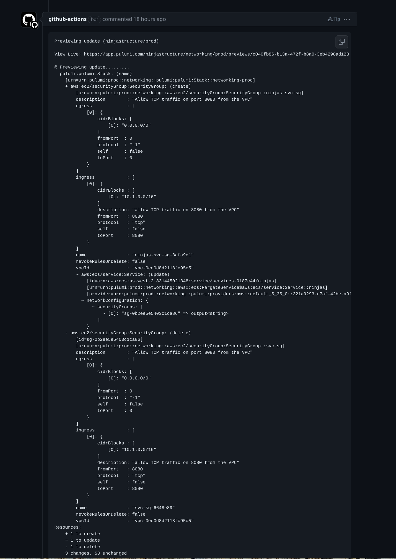 a screenshot of the GitHub UI showing a comment with the pulumi plan generated by the module