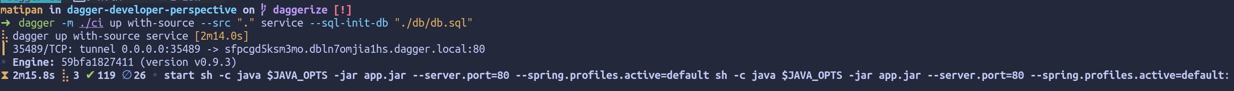 a terminal showing the output of running `dagger -m ./ci with-source --src "." --sql-init-db "./db/db.sql`