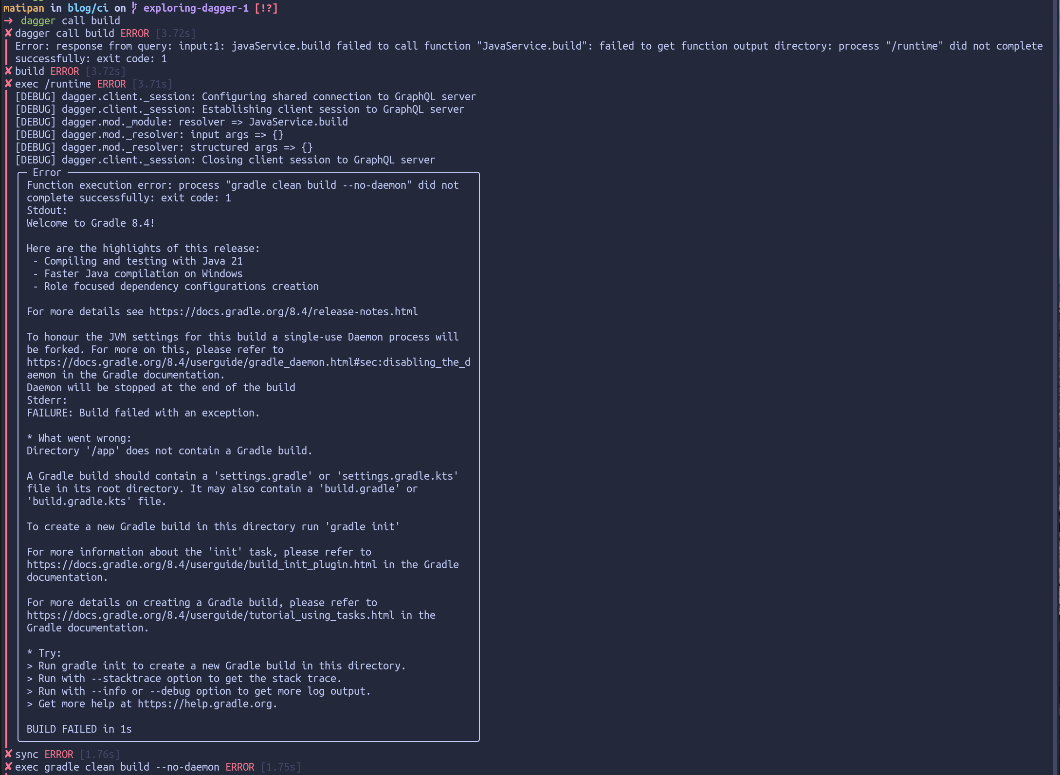 terminal showing a failed `dagger call build` command