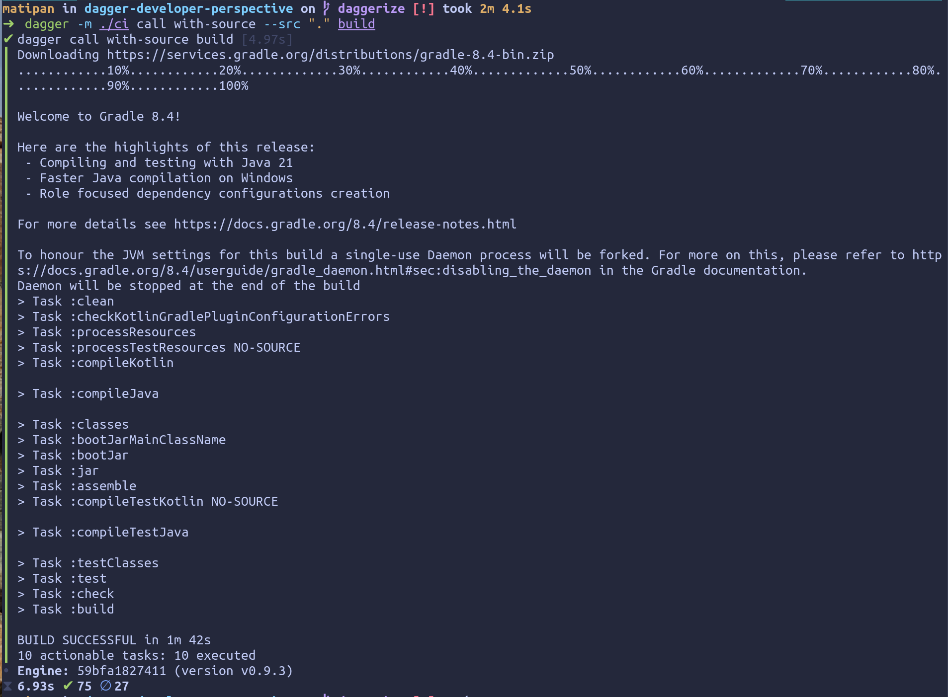 a terminal showing the output of running `dagger -m ./ci call with-source --src "." build`