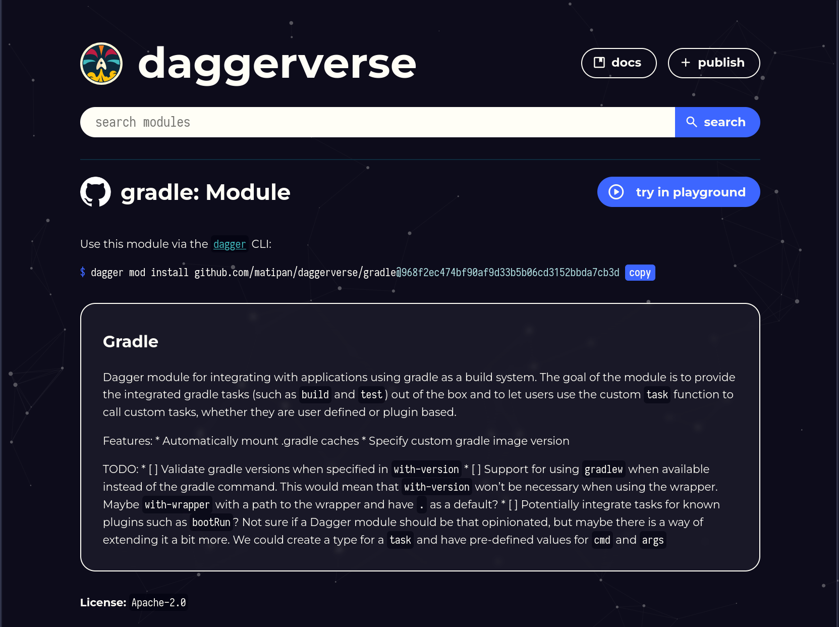 screenshot of the daggerverse.dev website showing the documentation of a module called Gradle