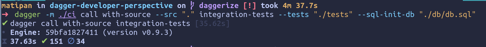 a terminal showing the output of running `dagger -m ./ci call with-source --src "." integration-tests --tests "./tests" --sql-init-db "./db/db.sql`