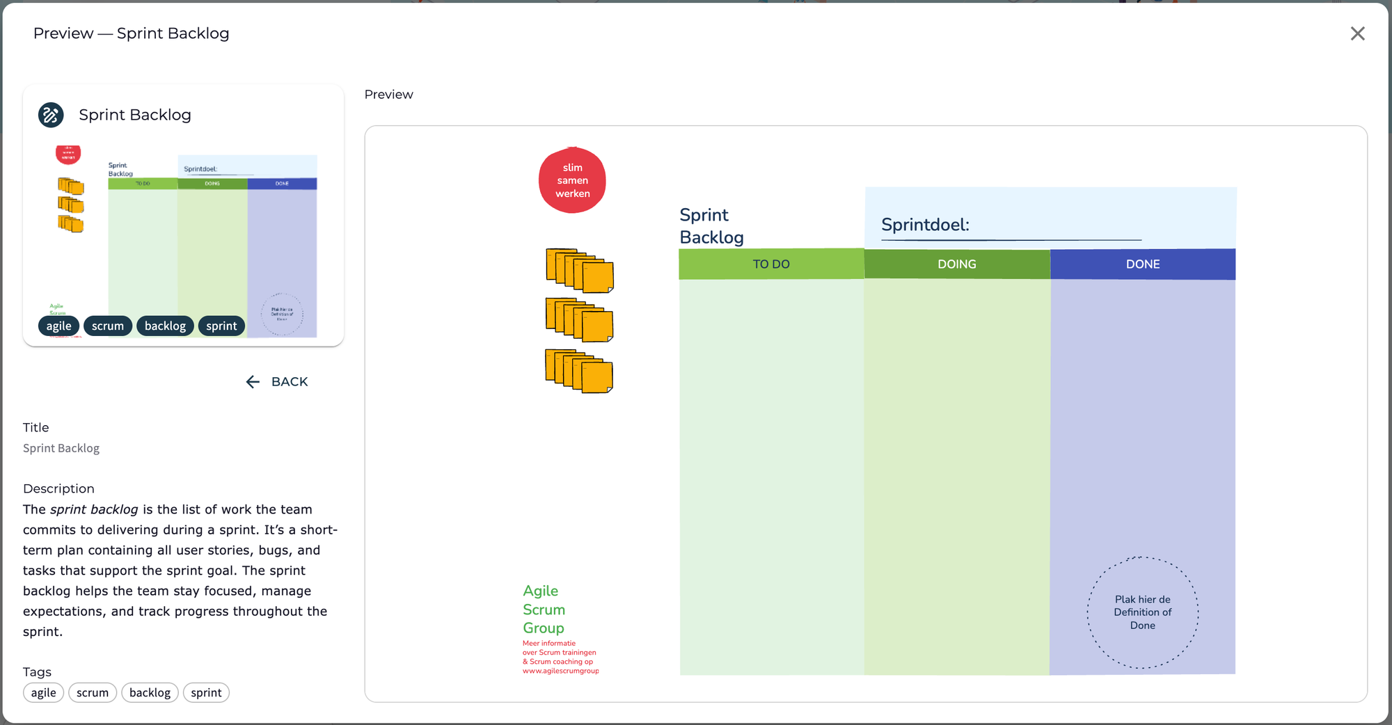 Agile Scrum Sprint Backlog template by Agile Scrum Group with TO DO, DOING, DONE columns, Definition of Done, and backlog item tracking for Scrum teams and sprint planning.