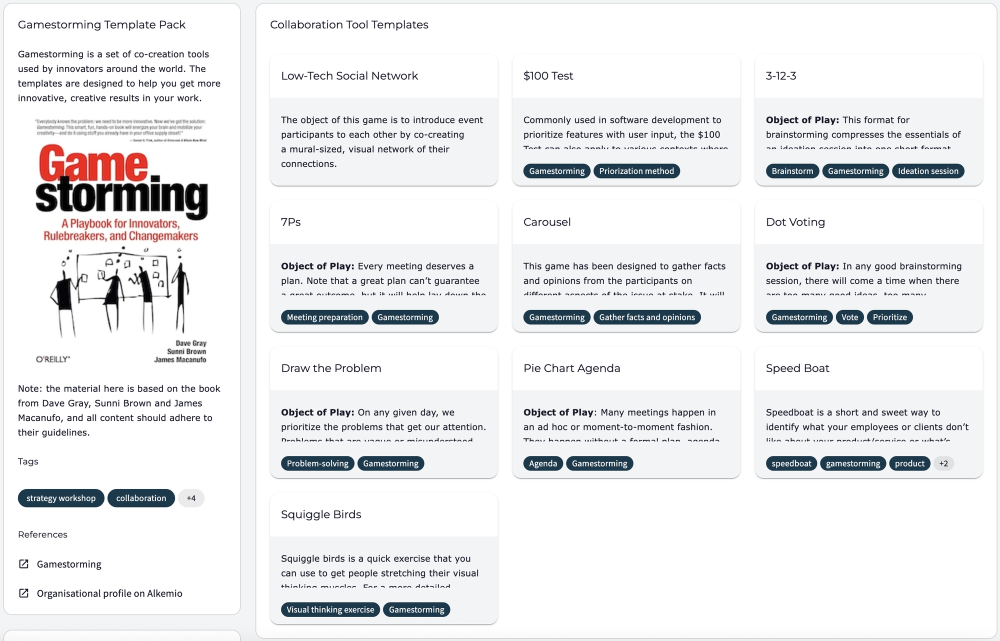 Gamestorming Template Pack interface featuring innovative workshop templates like Draw the Problem and Carousel, designed to boost creativity and innovative results in team work