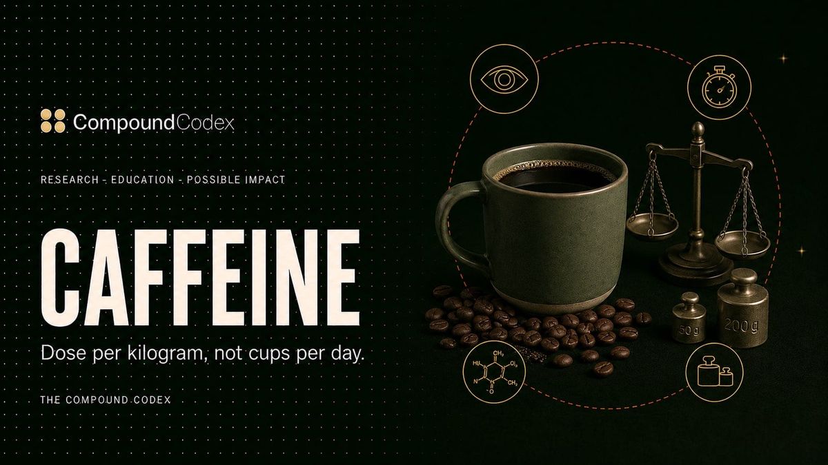 Title card reading Caffeine, with a mug of black coffee, scattered beans and a balance scale with calibration weights.