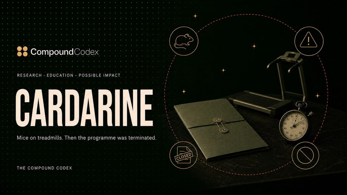 Title card reading Cardarine, with a research folder tied shut beside a small treadmill and a stopwatch, ringed by a laboratory mouse and a warning triangle.