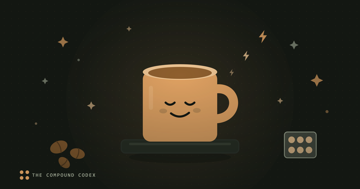 A friendly coffee mug on a coaster with lightning bolts rising, beside coffee beans and a tablet blister pack