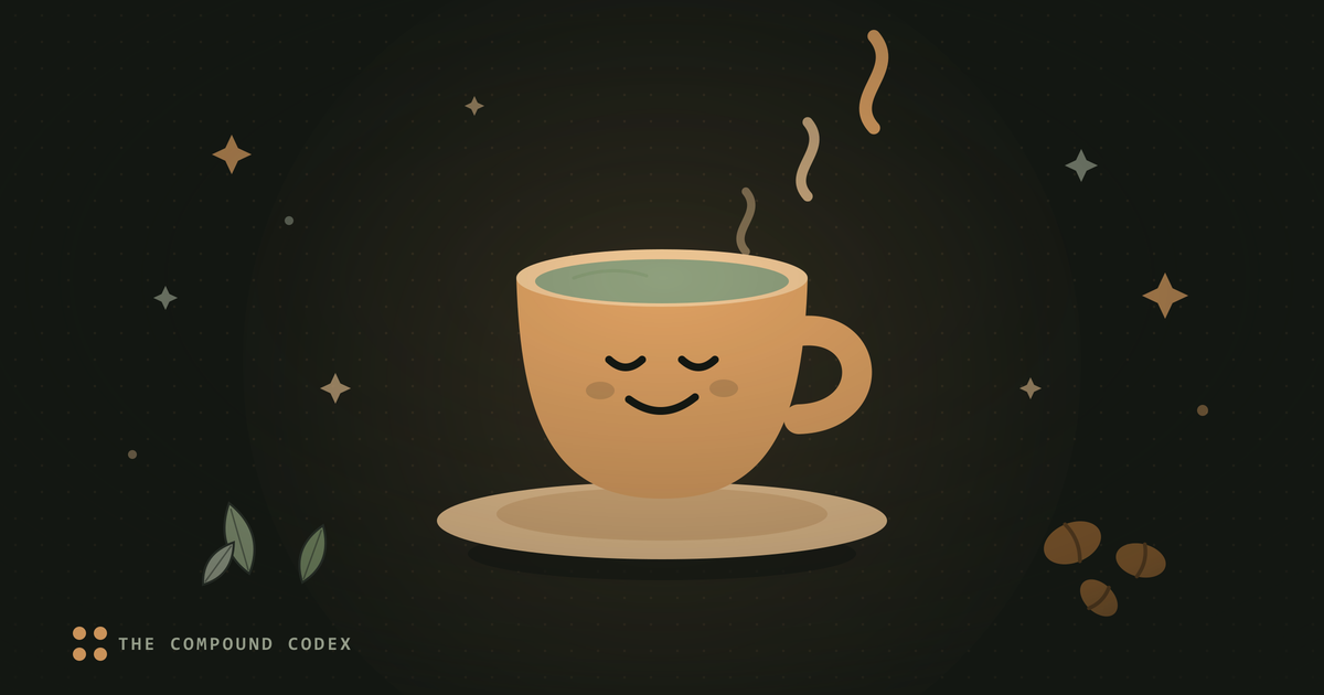 A friendly cup of green tea on a saucer with steam rising, tea leaves on one side and coffee beans on the other