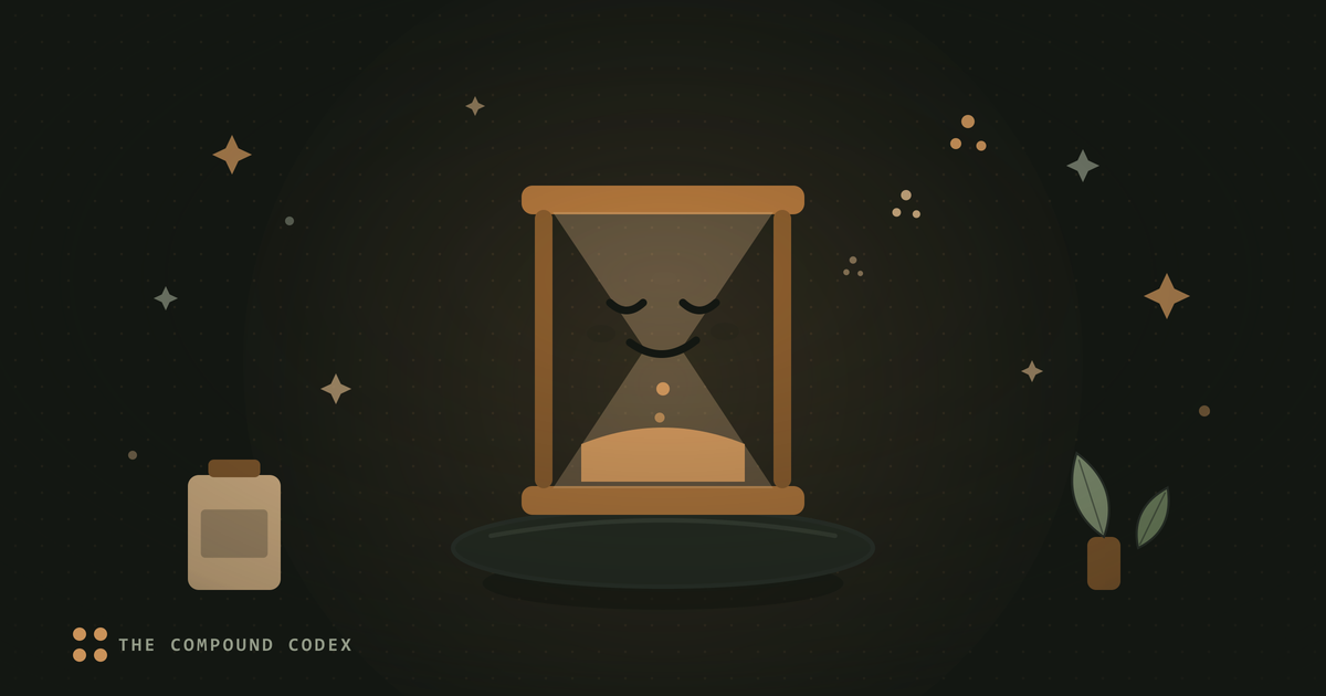 A friendly hourglass character with sand running through it, beside a capsule bottle and a young sprout