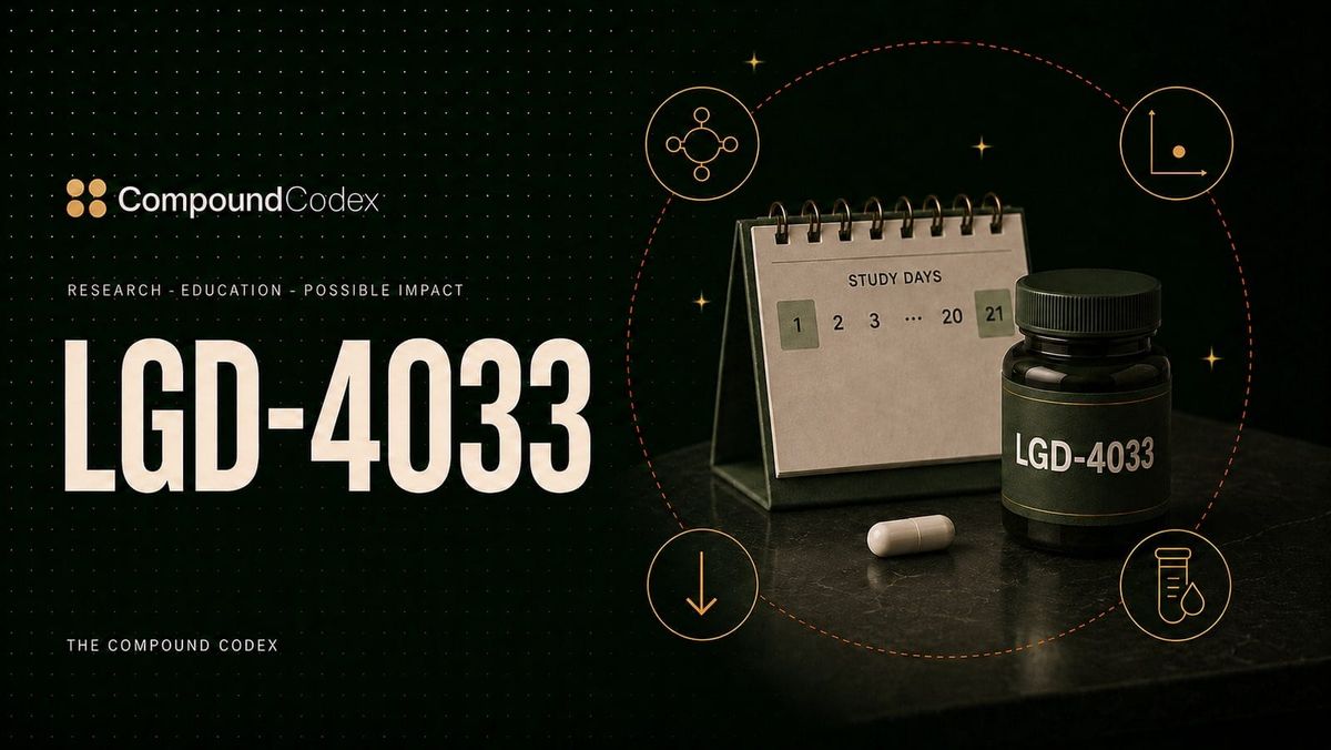 Title card reading LGD-4033, with a labelled bottle beside a desk calendar marked with twenty-one study days.