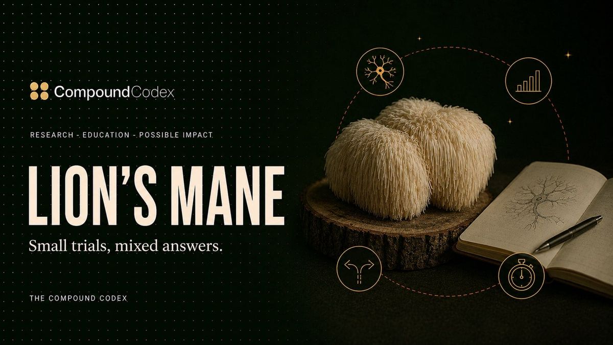 Title card reading Lion’s Mane, with a shaggy mushroom on a log slice beside an open notebook showing a neuron sketch.