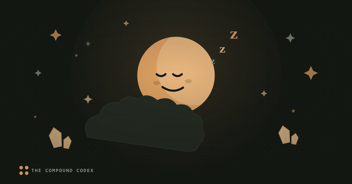 A sleepy moon character resting on a pillow, surrounded by stars and small magnesium crystals