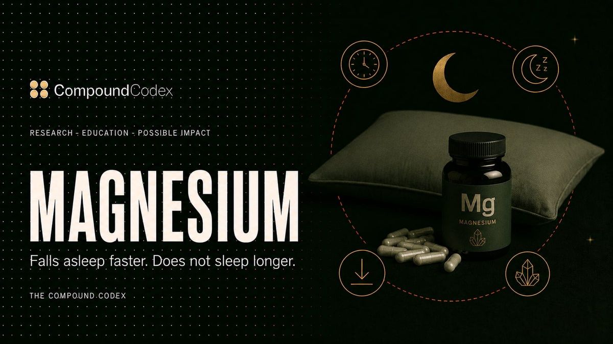 Title card reading Magnesium, with a bottle marked Mg and loose capsules on a pillow beneath a crescent moon.