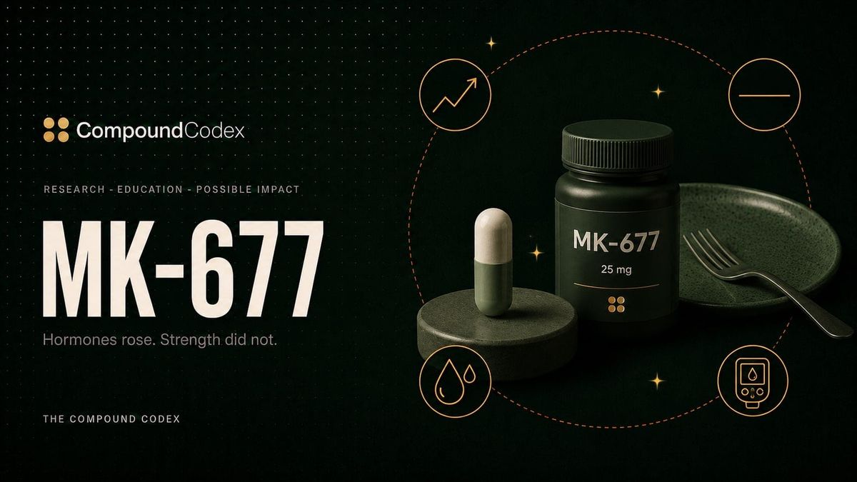 Title card reading MK-677, with a capsule and pill bottle beside a plate and fork, ringed by a rising line, a flat line, water droplets and a glucose meter.