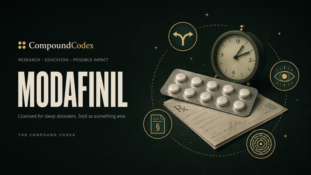 Modafinil title card: a blister pack of tablets on a prescription slip beside a desk clock, ringed by diverging arrows, an eye, a controlled-substance document and a maze.