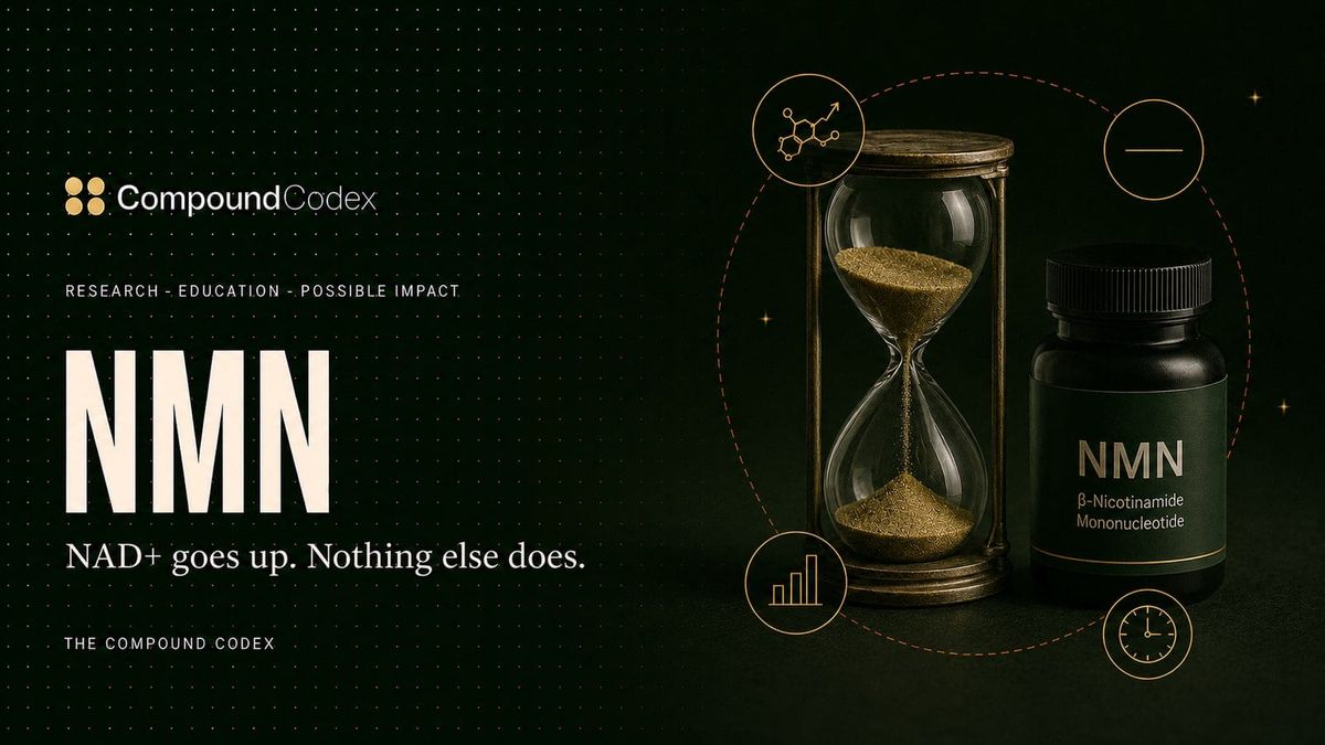 Title card reading NMN, with an hourglass beside a labelled bottle, ringed by a rising molecule icon and a flat horizontal line.