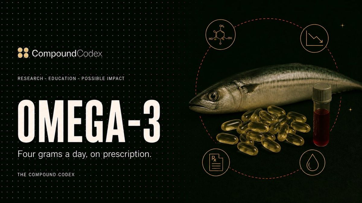 Title card reading Omega-3, with a fish beside gold softgel capsules and a blood sample vial, ringed by a lipid molecule and a falling chart.