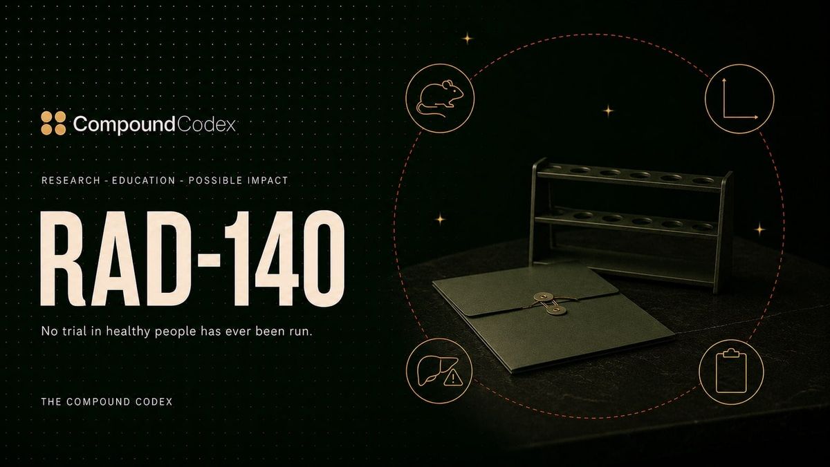 Title card reading RAD-140, with an empty specimen rack and a single sealed folder on a bare laboratory bench.