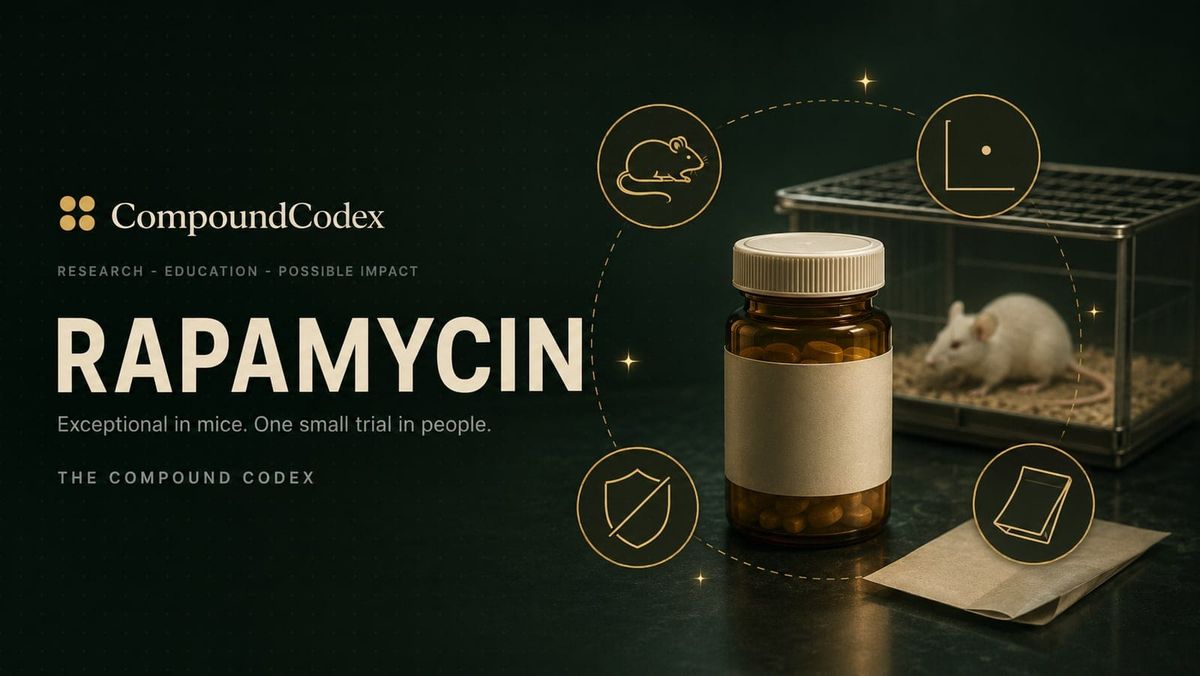 Rapamycin title card: an amber pill bottle on a lab bench with a mouse cage behind it, ringed by a mouse, a lone data point on an empty axis, a crossed shield and a prescription slip.