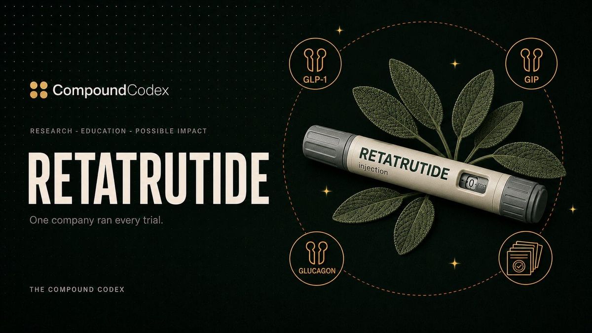 Title card reading Retatrutide, with a labelled injector pen ringed by GLP-1, GIP and glucagon receptor icons and a stack of identically sealed research papers.