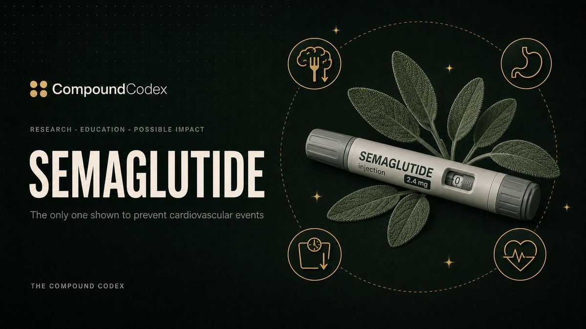 Title card reading Semaglutide, with a labelled injector pen on sage leaves, ringed by appetite, stomach, weight and heart icons.