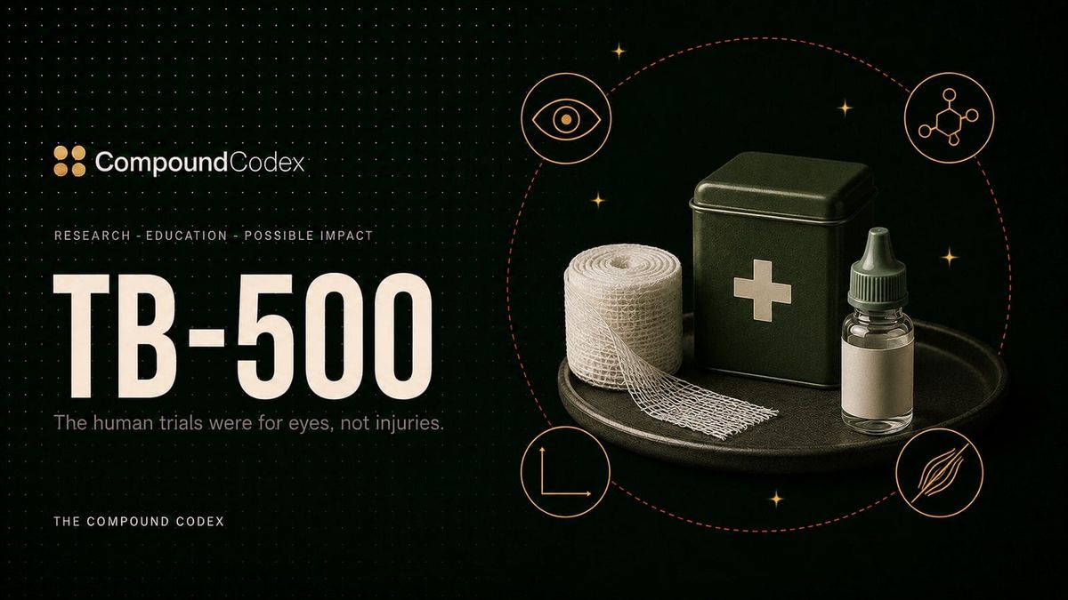 Title card reading TB-500, with a roll of gauze and a first-aid tin beside an eye drop bottle, ringed by an eye, a molecule and a crossed-out tendon.