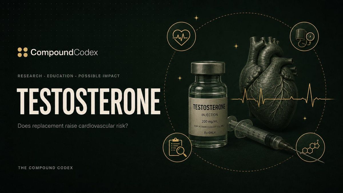 Title card reading Testosterone, with a labelled vial and syringe beside an anatomical heart crossed by an ECG trace.