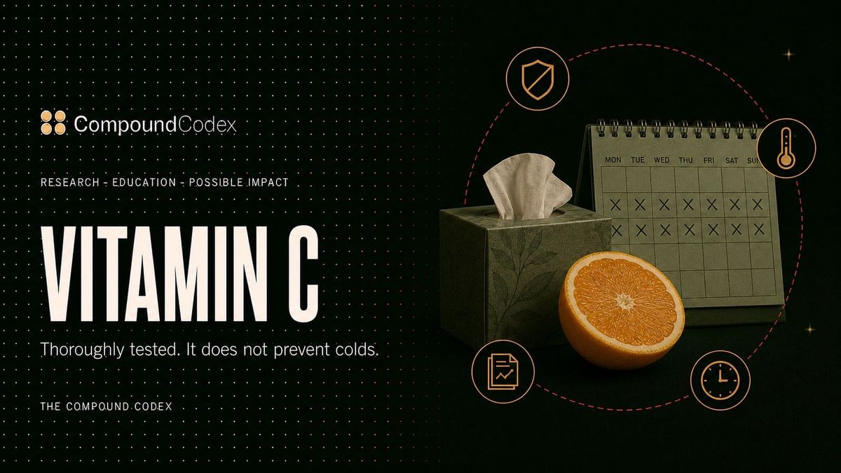 Title card reading Vitamin C, with a halved orange and a tissue box beside a calendar of crossed-off days, ringed by a crossed-out shield.