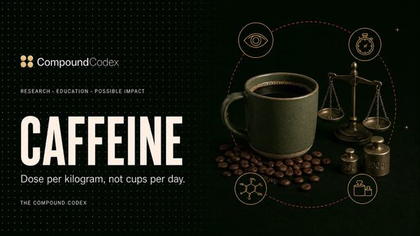 Title card reading Caffeine, with a mug of black coffee, scattered beans and a balance scale with calibration weights.