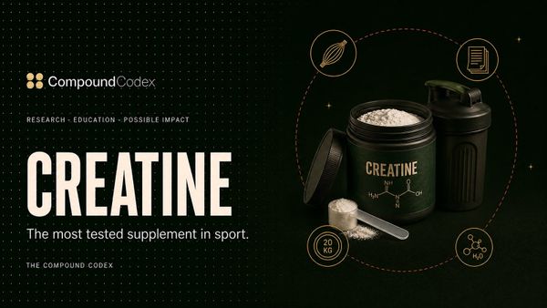 Title card reading Creatine, with a tub of powder, a scoop and a shaker bottle, ringed by a muscle fibre, research papers and a water molecule.