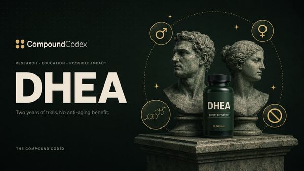 Title card reading DHEA, with two weathered stone busts behind a bottle of DHEA capsules, ringed by male and female symbols, a steroid molecule and a prohibition sign.