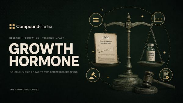 Title card reading Growth hormone, with a level balance scale weighing a 1990 research paper against a growth hormone vial, a gavel resting beside it.