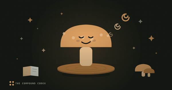 A friendly lion’s mane mushroom on a log slice with swirls rising, beside an open book and a mushroom cluster