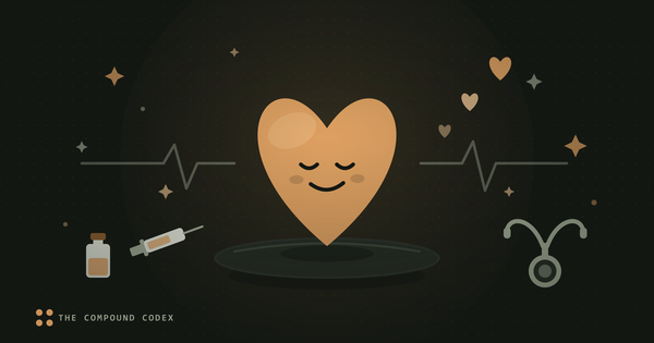 A friendly heart character on a pedestal with an ECG trace running behind it, a testosterone vial and syringe, and a stethoscope