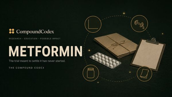 Metformin title card: foil tablets beside a research folder tied shut and a blank clipboard, ringed by an empty axis, a dumbbell with a downward arrow, an empty jar and a prescription slip.