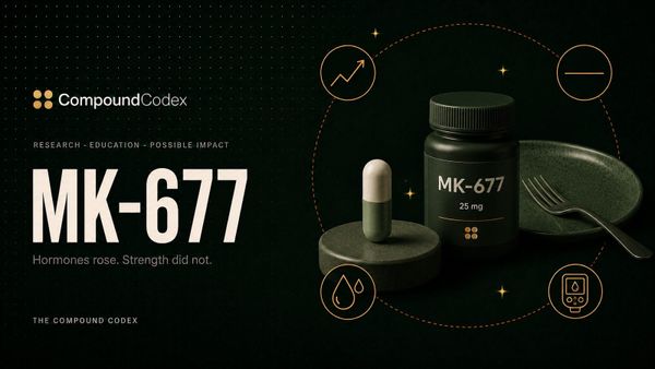 Title card reading MK-677, with a capsule and pill bottle beside a plate and fork, ringed by a rising line, a flat line, water droplets and a glucose meter.