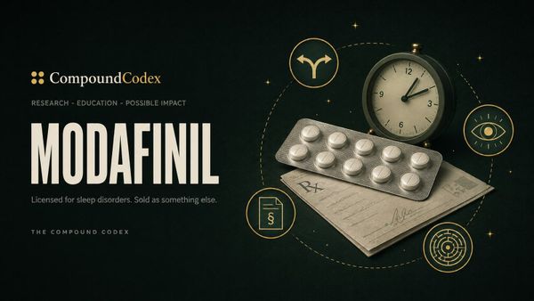 Modafinil title card: a blister pack of tablets on a prescription slip beside a desk clock, ringed by diverging arrows, an eye, a controlled-substance document and a maze.