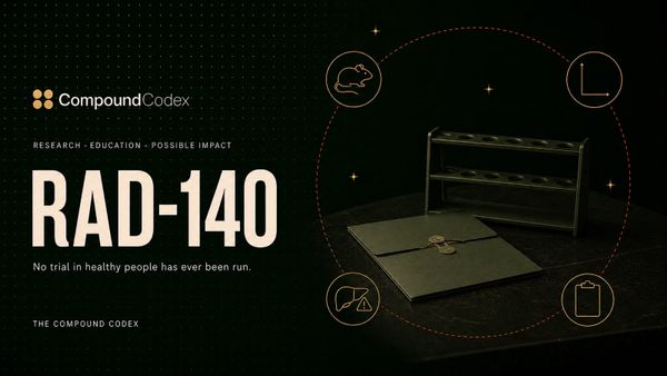 Title card reading RAD-140, with an empty specimen rack and a single sealed folder on a bare laboratory bench.