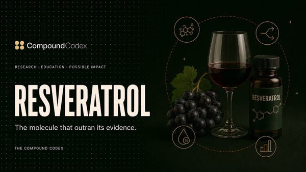 Title card reading Resveratrol, with dark grapes, a glass of red wine and a labelled vial, ringed by a molecular pathway and diverging arrows.