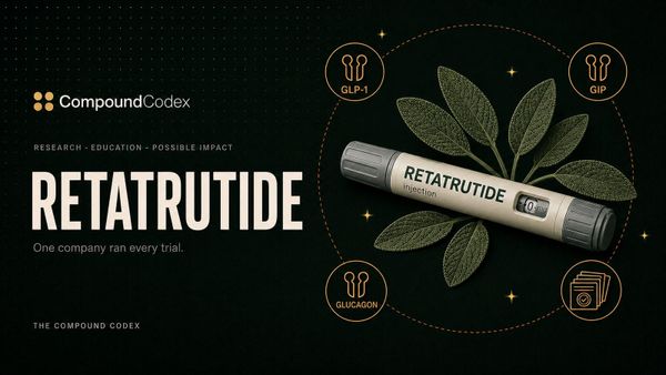 Title card reading Retatrutide, with a labelled injector pen ringed by GLP-1, GIP and glucagon receptor icons and a stack of identically sealed research papers.