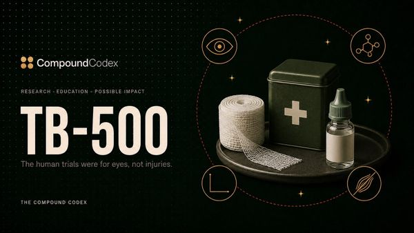 Title card reading TB-500, with a roll of gauze and a first-aid tin beside an eye drop bottle, ringed by an eye, a molecule and a crossed-out tendon.