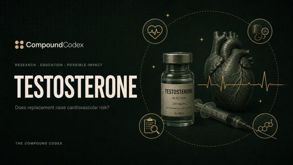 Title card reading Testosterone, with a labelled vial and syringe beside an anatomical heart crossed by an ECG trace.