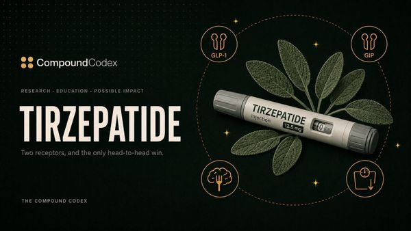Title card reading Tirzepatide, with a labelled injector pen on sage leaves, ringed by GLP-1 and GIP receptor icons.